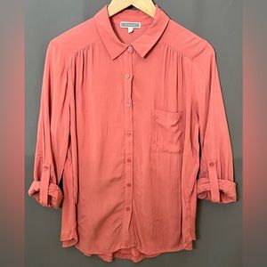Pleione L Dark Salmon Roll Tab Sleeve Rayon Relaxed Blouse